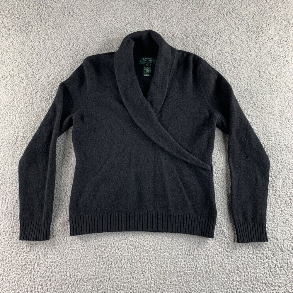 Vintage Lauren Ralph Lauren Sweater Womens Petite M Black Lambswool Angora Shawl
